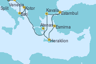 Visitando Venecia (Italia), Split (Croacia), Bari (Italia), Kotor (Montenegro), Kavala (Grecia), Estambul (Turquía), Estambul (Turquía), Esmirna (Turquía), Heraklion (Creta), Atenas (Grecia)