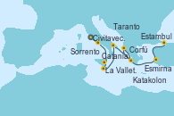 Visitando Civitavecchia (Roma), Sorrento (Nápoles/Italia), Catania (Sicilia), La Valletta (Malta), Taranto (Italia), Katakolon (Olimpia/Grecia), Corfú (Grecia), Esmirna (Turquía), Estambul (Turquía), Estambul (Turquía)