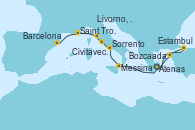 Visitando Atenas (Grecia), Bozcaada (Turquía), Estambul (Turquía), Estambul (Turquía), Messina (Sicilia), Sorrento (Nápoles/Italia), Civitavecchia (Roma), Livorno, Pisa y Florencia (Italia), Saint Tropez (Francia), Barcelona