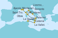 Visitando Civitavecchia (Roma), Sorrento (Nápoles/Italia), Catania (Sicilia), La Valletta (Malta), La Goulette (Tunez), Palermo (Italia), Olbia (Cerdeña), Livorno, Pisa y Florencia (Italia), Ajaccio (Córcega), Saint Tropez (Francia), Montecarlo (Mónaco)