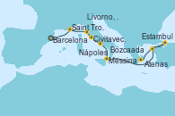 Visitando Barcelona, Saint Tropez (Francia), Livorno, Pisa y Florencia (Italia), Civitavecchia (Roma), Nápoles (Italia), Messina (Sicilia), Estambul (Turquía), Estambul (Turquía), Bozcaada (Turquía), Atenas (Grecia)