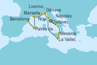 Visitando Civitavecchia (Roma), Nápoles (Italia), Messina (Sicilia), La Valletta (Malta), Livorno, Pisa y Florencia (Italia), Génova (Italia), Niza (Francia), Marsella (Francia), Palma de Mallorca (España), Barcelona