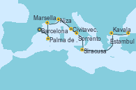 Visitando Barcelona, Palma de Mallorca (España), Marsella (Francia), Niza (Francia), Civitavecchia (Roma), Sorrento (Nápoles/Italia), Siracusa (Sicilia), Kavala (Grecia), Estambul (Turquía), Estambul (Turquía)