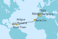 Visitando La Romana (República Dominicana), Road Town (Isla Tórtola/Islas Vírgenes), Antigua (Antillas), Santa Cruz de Tenerife (España), Cádiz (España), Málaga, Barcelona