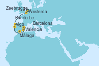 Visitando Ámsterdam (Holanda), Zeebrugge (Bruselas), Vigo (España), Puerto Leixões (Portugal), Málaga, Valencia, Barcelona
