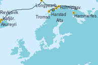 Visitando Tromso (Noruega), Harstad (Noruega), Hammerfest (Noruega), Alta (Noruega), Honningsvag (Noruega), Honningsvag (Noruega), Longyearbyen (Noruega), Longyearbyen (Noruega), Akureyri (Islandia), Ísafjörður (Islandia), Reykjavik (Islandia)