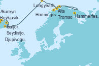 Visitando Reykjavik (Islandia), Ísafjörður (Islandia), Akureyri (Islandia), Seydisfjordur (Islandia), Djupivogur (Islandia), Longyearbyen (Noruega), Longyearbyen (Noruega), Alta (Noruega), Honningsvag (Noruega), Hammerfest (Noruega), Tromso (Noruega)