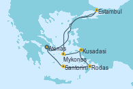 Visitando Atenas (Grecia), Estambul (Turquía), Estambul (Turquía), Mykonos (Grecia), Mykonos (Grecia), Kusadasi (Efeso/Turquía), Rodas (Grecia), Santorini (Grecia), Atenas (Grecia)