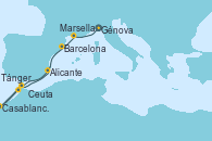 Visitando Génova (Italia), Marsella (Francia), Barcelona, Tánger (Marruecos), Casablanca (Marruecos), Ceuta (España), Alicante (España)