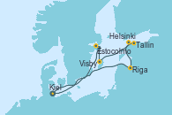 Visitando Kiel (Alemania), Estocolmo (Suecia), Visby (Suecia), Tallin (Estonia), Helsinki (Finlandia), Riga (Letonia), Riga (Letonia), Kiel (Alemania)