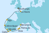 Visitando Southampton (Inglaterra), Le Havre (Francia), Vigo (España), Lisboa (Portugal), Gibraltar (Inglaterra), Cádiz (España), Motril (Granada/Andalucía), Ibiza (España), Palma de Mallorca (España), Barcelona