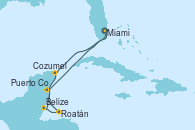 Visitando Miami (Florida/EEUU), Cozumel (México), Belize (Caribe), Roatán (Honduras), Puerto Costa Maya (México), Miami (Florida/EEUU)