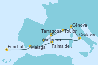 Visitando Valencia, Tarragona (España), Toulon (Francia), Génova (Italia), Civitavecchia (Roma), Palma de Mallorca (España), Málaga, Funchal (Madeira)