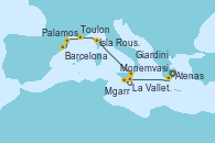 Visitando Atenas (Grecia), Monemvasia (Grecia), La Valletta (Malta), La Valletta (Malta), Mgarr (Malta), Giardini Naxos (Italia), Isla Rousse (Córcega), Toulon (Francia), Palamos (Gerona/España), Barcelona