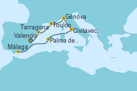 Visitando Valencia, Tarragona (España), Toulon (Francia), Génova (Italia), Civitavecchia (Roma), Palma de Mallorca (España), Málaga