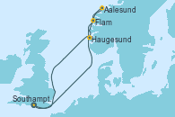 Visitando Southampton (Inglaterra), Aalesund (Noruega), Flam (Noruega), Haugesund (Noruega), Southampton (Inglaterra)