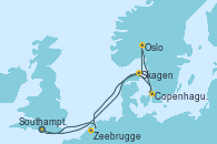 Visitando Southampton (Inglaterra), Skagen (Dinamarca), Oslo (Noruega), Copenhague (Dinamarca), Zeebrugge (Bruselas), Southampton (Inglaterra)