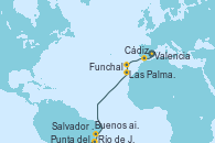 Visitando Valencia, Cádiz (España), Funchal (Madeira), Las Palmas de Gran Canaria (España), Salvador de Bahía (Brasil), Río de Janeiro (Brasil), Punta del Este (Uruguay), Buenos aires