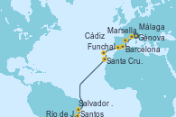 Visitando Génova (Italia), Marsella (Francia), Barcelona, Málaga, Cádiz (España), Funchal (Madeira), Santa Cruz de la Palma (España), Santa Cruz de Tenerife (España), Salvador de Bahía (Brasil), Río de Janeiro (Brasil), Santos (Brasil)