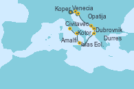 Visitando Venecia (Italia), Koper (Eslovenia), Opatija (Croacia), Dubrovnik (Croacia), Kotor (Montenegro), Durres (Albania), Islas Eolias, Lipari (Sicilia), Amalfi (Italia), Civitavecchia (Roma)