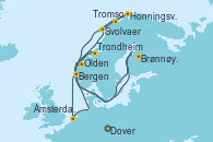 Visitando Dover (Inglaterra), Trondheim (Noruega), Brønnøysund (Noruega), Svolvaer (Lofoten/Noruega), Tromso (Noruega), Honningsvag (Noruega), Olden (Noruega), Bergen (Noruega), Ámsterdam (Holanda), Dover (Inglaterra)