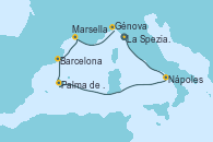 Visitando La Spezia, Florencia y Pisa (Italia), Nápoles (Italia), Palma de Mallorca (España), Barcelona, Marsella (Francia), Génova (Italia)