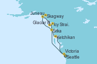 Visitando Seattle (Washington/EEUU), Sitka (Alaska), Juneau (Alaska), Skagway (Alaska), Glaciar Bay (Alaska), Icy Strait Point (Alaska), Ketchikan (Alaska), Victoria (Canadá), Seattle (Washington/EEUU)