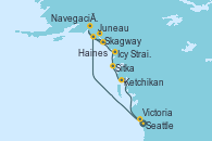 Visitando Seattle (Washington/EEUU), Juneau (Alaska), Skagway (Alaska), Haines (Alaska), Navegación por Glaciar Hubbard (Alaska), Icy Strait Point (Alaska), Sitka (Alaska), Ketchikan (Alaska), Victoria (Canadá), Seattle (Washington/EEUU)