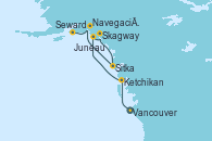 Visitando Vancouver (Canadá), Ketchikan (Alaska), Juneau (Alaska), Skagway (Alaska), Sitka (Alaska), Navegación por Glaciar Hubbard (Alaska), Seward (Alaska)