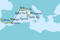 Visitando Civitavecchia (Roma), Golfo Aranci (Cerdeña), Ajaccio (Córcega), Niza (Francia), Saint Tropez (Francia), Sete (Francia), Almería (España), Málaga, Lisboa (Portugal)