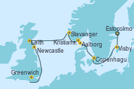Visitando Estocolmo (Suecia), Visby (Suecia), Copenhague (Dinamarca), Aalborg (Dinamarca), Kristiansand (Noruega), Stavanger (Noruega), Leith (Edinburgo/Escocia), Newcastle (Reino Unido), Greenwich (Inglaterra)