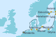 Visitando Ámsterdam (Holanda), Hamburgo (Alemania), Hamburgo (Alemania), Wismar (Alemania), Bornholm (Dinamarca), Gdynia (Polonia), Tallin (Estonia), Helsinki (Finlandia), Mariehamn (Finlandia), Estocolmo (Suecia)