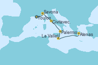 Visitando Toulon (Francia), Savona (Italia), Civitavecchia (Roma), Palermo (Italia), La Valletta (Malta), Atenas (Grecia)