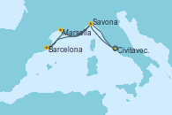 Visitando Civitavecchia (Roma), Savona (Italia), Barcelona, Marsella (Francia), Savona (Italia), Civitavecchia (Roma)