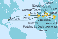 Visitando Fort Lauderdale (Florida/EEUU), Horta (Islas Azores), Ponta Delgada (Azores), Tánger (Marruecos), Portofino (Italia), Livorno, Pisa y Florencia (Italia), Civitavecchia (Roma), Civitavecchia (Roma), Nápoles (Italia), Catania (Sicilia), Atenas (Grecia), Haifa (Israel), Ashdod (Israel), Puerto Said (Egipto), Alejandría (Egipto), La Goulette (Tunez), Gibraltar (Inglaterra), Cádiz (España), Casablanca (Marruecos), Fort Lauderdale (Florida/EEUU)