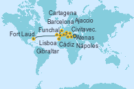 Visitando Atenas (Grecia), Nápoles (Italia), Civitavecchia (Roma), Ajaccio (Córcega), Barcelona, Barcelona, Cartagena (Murcia), Gibraltar (Inglaterra), Cádiz (España), Lisboa (Portugal), Funchal (Madeira), Fort Lauderdale (Florida/EEUU)