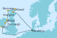 Visitando Hamburgo (Alemania), Cork (Irlanda), Dun Laoghaire (Dublin/Irlanda), Belfast (Irlanda), Stornoway (Isla de Lewis/Escocia), Kirkwall (Escocia), Invergordon (Escocia), Hamburgo (Alemania)