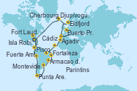 Visitando Fort Lauderdale (Florida/EEUU), Santo Domingo (República Dominicana), Santa Marta (Colombia), Puerto Limón (Costa Rica), Fuerte Amador (Panamá), Fuerte Amador (Panamá), Manta (Ecuador), Banana Coast (Trujillo/Honduras), Lima (Callao/Perú), Lima (Callao/Perú), Pisco (Perú), Arica (Chile), Antofagasta (Chile), San Antonio (Chile), Isla Robinson Crusoe (Chile), Puerto Montt (Chile), Castro (Chile), Puerto Chacabuco (Chile), Punta Arenas (Chile), Ushuaia (Argentina), Stanley (Malvinas), Puerto Madryn (Argentina), Montevideo (Uruguay), Buenos aires, Buenos aires, Punta del Este (Uruguay), Río de Janeiro (Brasil), Río de Janeiro (Brasil), Armacao dos Buzios (Brasil), Salvador de Bahía (Brasil), Maceió (Brasil), Recife (Brasil), Fortaleza (Brasil), Santarem (Brasil), Boca da Valeria (Amazonas), Manaos (Brasil), Manaos (Brasil), Parintins (Brasil), Alter do Chao (Brasil), Isla del Diablo (Guyana Francesa/Francia), Mindelo (Cabo Verde), Puerto Praia (Cabo Verde), Banjul (Gambia), Dakar (Senegal), Arrecife (Lanzarote/España), Agadir (Marruecos), Casablanca (Marruecos), Gibraltar (Inglaterra), Barcelona, Barcelona, Cádiz (España), Lisboa (Portugal), Lisboa (Portugal), Puerto Leixões (Portugal), Brest (Francia), Cherbourg (Francia), Zeebrugge (Bruselas), Rotterdam (Holanda), Edimburgo (Escocia), Eidfjord (Hardangerfjord/Noruega), Trondheim (Noruega), Tromso (Noruega), Honningsvag (Noruega), Djupivogur (Islandia), Akureyri (Islandia), Ísafjörður (Islandia), Reykjavik (Islandia), Reykjavik (Islandia), Nanortalik (Groenlandia), Qaqortoq, Greeland, Paamiut (Groenlandia), St. Anthony (Canadá), St. John´s (Antigua y Barbuda), San Pedro y Miquelón (Francia), Halifax (Canadá), Bar Harbor (Maine), Boston (Massachusetts), Fort Lauderdale (Florida/EEUU)