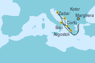Visitando Marghera (Venecia/Italia), Bari (Italia), Corfú (Grecia), Zakinthos (Grecia), Argostoli (Grecia), Kotor (Montenegro), Zadar (Croacia), Marghera (Venecia/Italia)