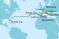 Visitando Civitavecchia (Roma), Nápoles (Italia), Livorno, Pisa y Florencia (Italia), Marsella (Francia), Barcelona, Cádiz (España), Lisboa (Portugal), Ponta Delgada (Azores), Puerto Cañaveral (Florida)