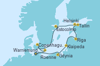 Visitando Warnemunde (Alemania), Gdynia (Polonia), Klaipeda (Lituania), Riga (Letonia), Tallin (Estonia), Helsinki (Finlandia), Estocolmo (Suecia), Estocolmo (Suecia), Copenhague (Dinamarca), Roenne (Dinamarca), Warnemunde (Alemania)
