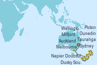 Visitando Sydney (Australia), Sydney (Australia), Melbourne (Australia), Milfjord Sound (Nueva Zelanda), Doubtful Sound (Nueva Zelanda), Dusky Sound (Nueva Zelanda), Dunedin (Nueva Zelanda), Wellington (Nueva Zelanda), Picton (Australia), Napier (Nueva Zelanda), Tauranga (Nueva Zelanda), Auckland (Nueva Zelanda)