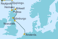 Visitando Reykjavik (Islandia), Heimaey (Islas Westmann/Islandia), Djupivogur (Islandia), Portree (Reino Unido), Kirkwall (Escocia), Edimburgo (Escocia), Edimburgo (Escocia), Newcastle (Reino Unido), Ámsterdam (Holanda)