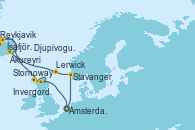 Visitando Ámsterdam (Holanda), Stavanger (Noruega), Lerwick (Escocia), Reykjavik (Islandia), Reykjavik (Islandia), Ísafjörður (Islandia), Akureyri (Islandia), Djupivogur (Islandia), Stornoway (Isla de Lewis/Escocia), Invergordon (Escocia), Ámsterdam (Holanda)
