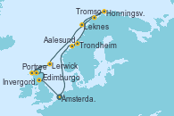 Visitando Ámsterdam (Holanda), Aalesund (Noruega), Trondheim (Noruega), Honningsvag (Noruega), Tromso (Noruega), Leknes (Noruega), Lerwick (Escocia), Portree (Reino Unido), Invergordon (Escocia), Edimburgo (Escocia), Ámsterdam (Holanda)