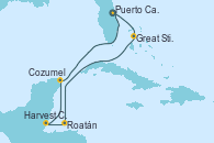 Visitando Puerto Cañaveral (Florida), Great Stirrup Cay (Bahamas), Roatán (Honduras), Harvest Caye (Belize), Cozumel (México), Puerto Cañaveral (Florida)