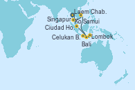 Visitando Laem Chabang (Bangkok/Thailandia), Ko Samui (Tailandia), Ciudad Ho Chi Minh (Vietnam), Ciudad Ho Chi Minh (Vietnam), Ciudad Ho Chi Minh (Vietnam), Celukan Bawang (Bali/Indonesia), Lombok (Indonesia), Bali (Indonesia), Bali (Indonesia), Singapur, Singapur