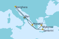 Visitando Bari (Italia), Marghera (Venecia/Italia), Argostoli (Grecia), Mykonos (Grecia), Santorini (Grecia), Bari (Italia)