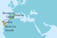 Visitando Valencia, Funchal (Madeira), Santa Cruz de la Palma (España), Santa Cruz de Tenerife (España), Arrecife (Lanzarote/España), Cádiz (España), Barcelona