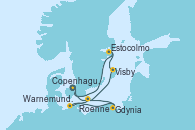 Visitando Copenhague (Dinamarca), Roenne (Dinamarca), Warnemunde (Alemania), Gdynia (Polonia), Roenne (Dinamarca), Visby (Suecia), Estocolmo (Suecia), Copenhague (Dinamarca)